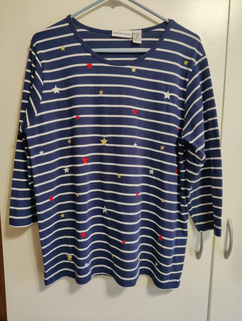 Croft & Barrow Women's Navy Striped Embroidered Long Sleeve Top